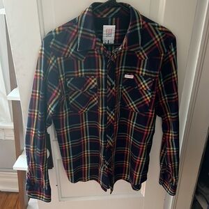 Topo Designs Shirt Men's Medium Multi Color Plaid Button Up Flannel Made In USA